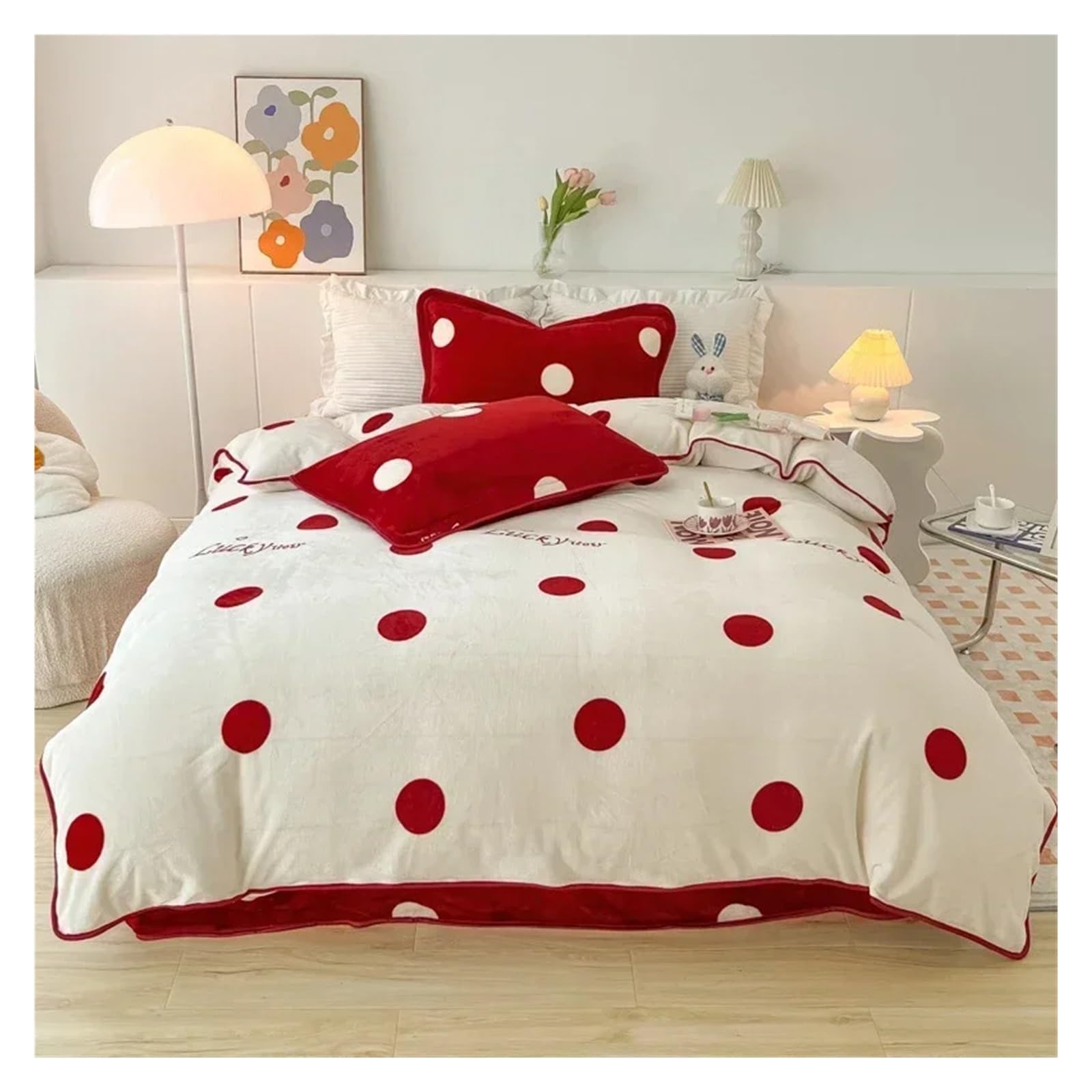 Amazon｜水玉プリント冬の寝具セットクイーンミルクベルベット布団